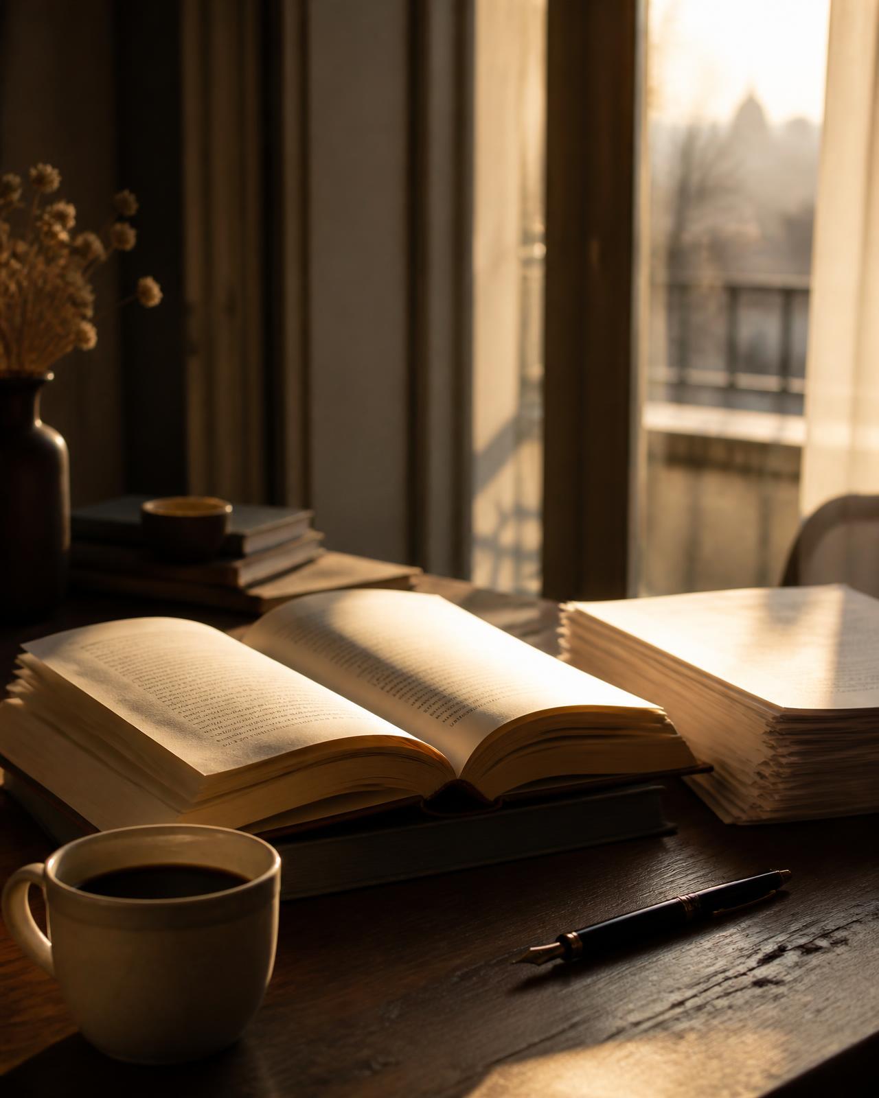 An open novel and a stack of manuscript pages on a writer's desk in golden morning light